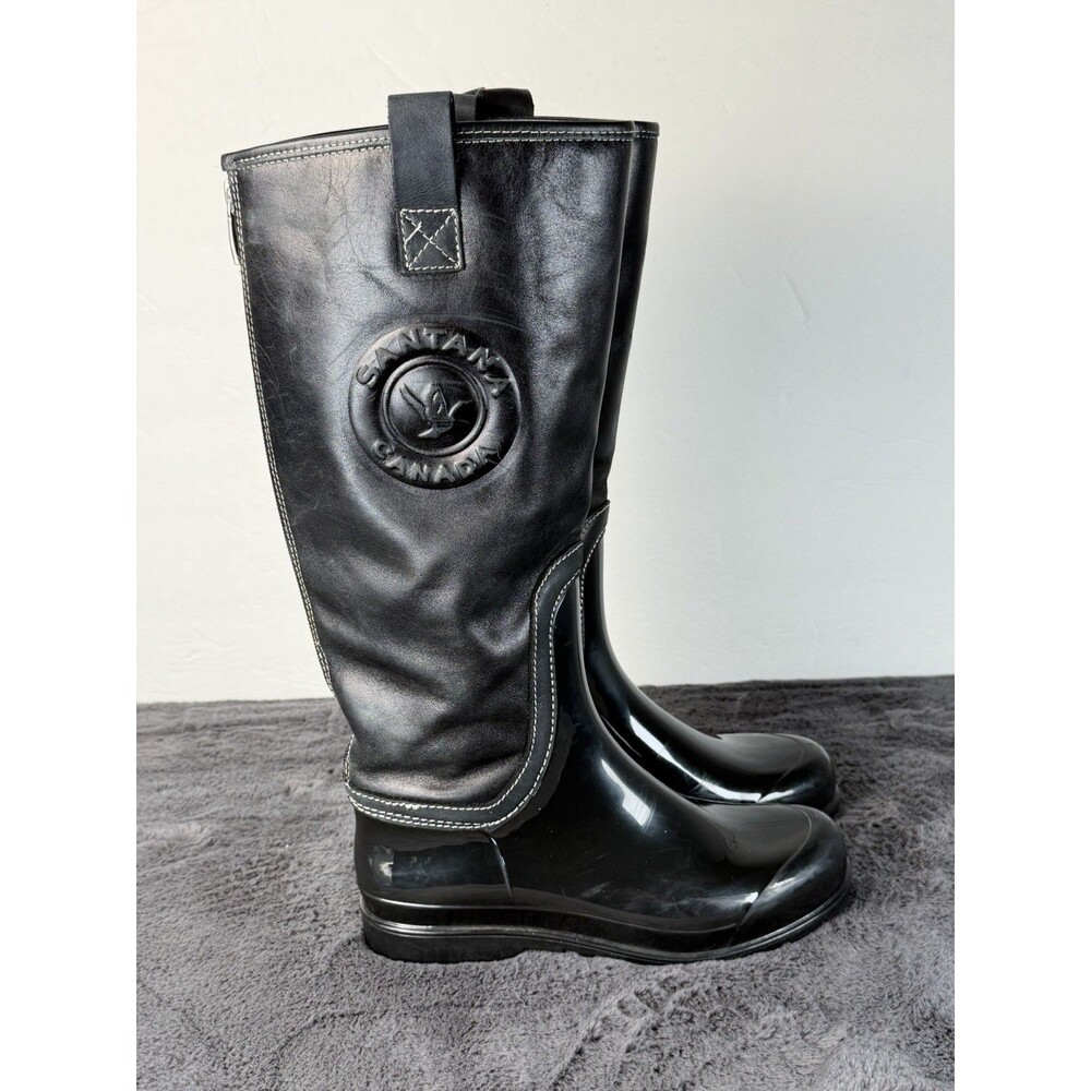 Santana Canada Women’s 7M Black Leather Rubber Rain Boots Faux Fur Lined Tall